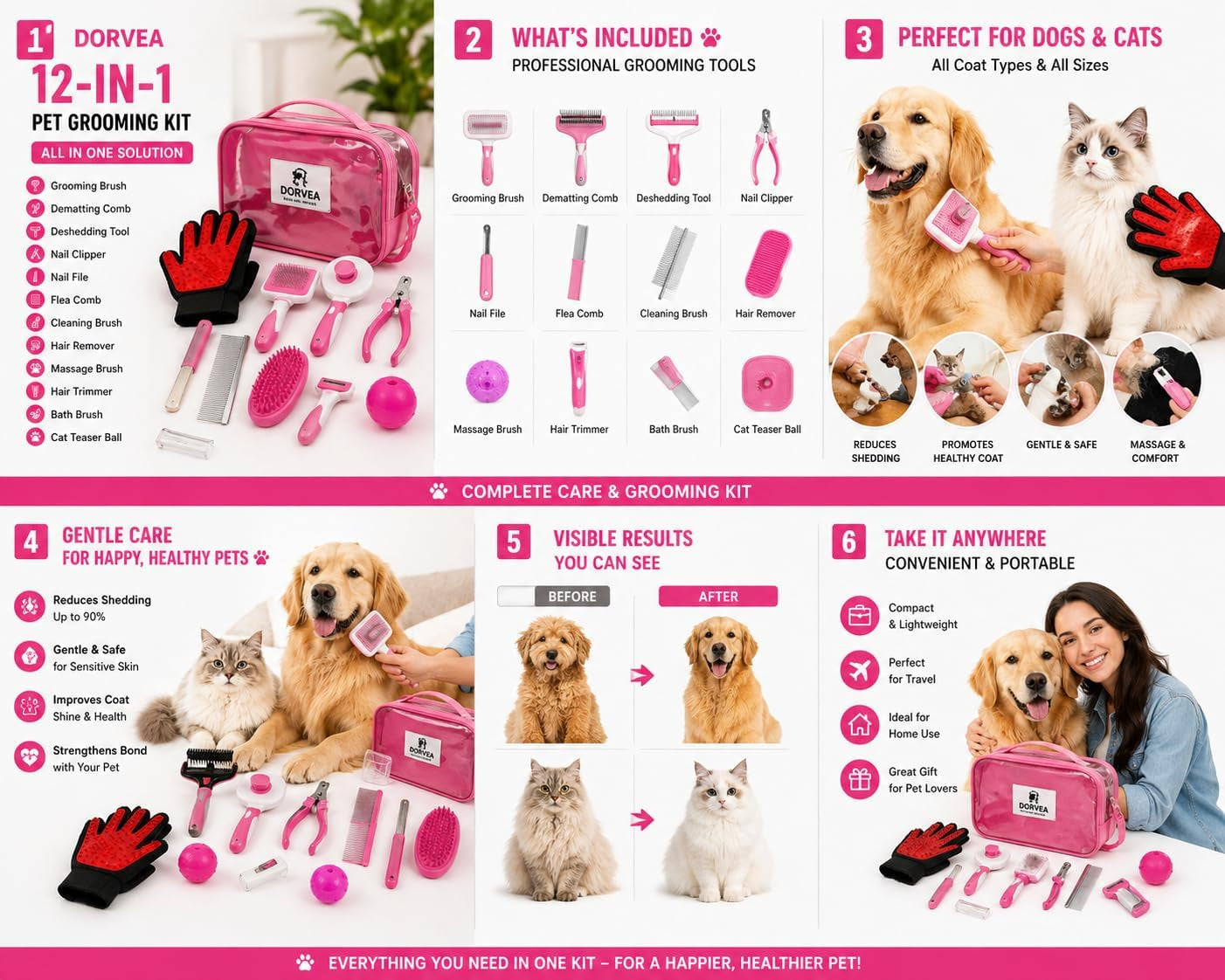 Pet Grooming Kit 12-In-1 for Dogs & Cats - Professional Deshedding Brush, Nail Clipper, Slicker Brush Flea Comb, Grooming Gloves, Cat Teaser Ball Set with Storage Bag