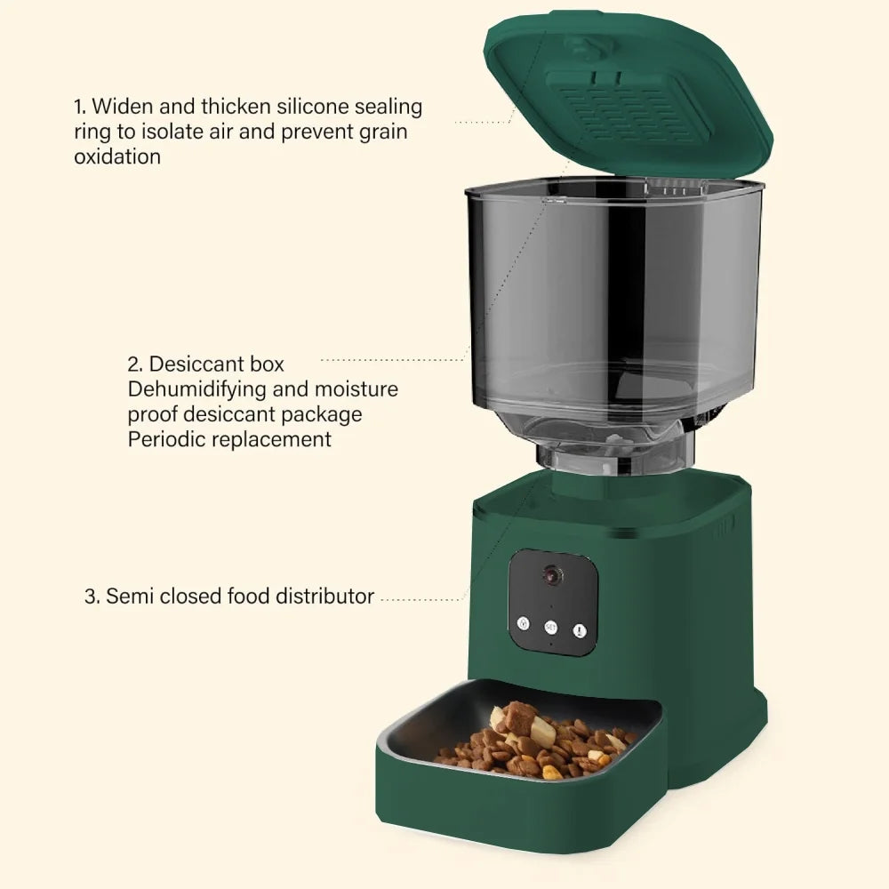 Automatic Pet Feeder with Camera, 2.4G Wifi APP Control, Timed Feeding, 6L Capacity for Cats and Dogs, Green