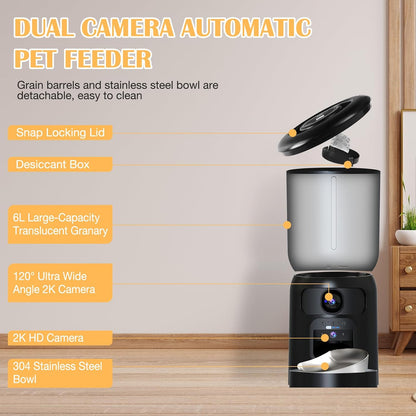 Automatic Cat Feeder with 2K Dual HD Cameras, 2.4/5G Wifi 6L Feeder, Pet Feeder Automatic for Cats & Dogs, Cat Food Dispenser with Cameras, Laser Interactive Toy & Night Vision(Black-Dual Cameras)