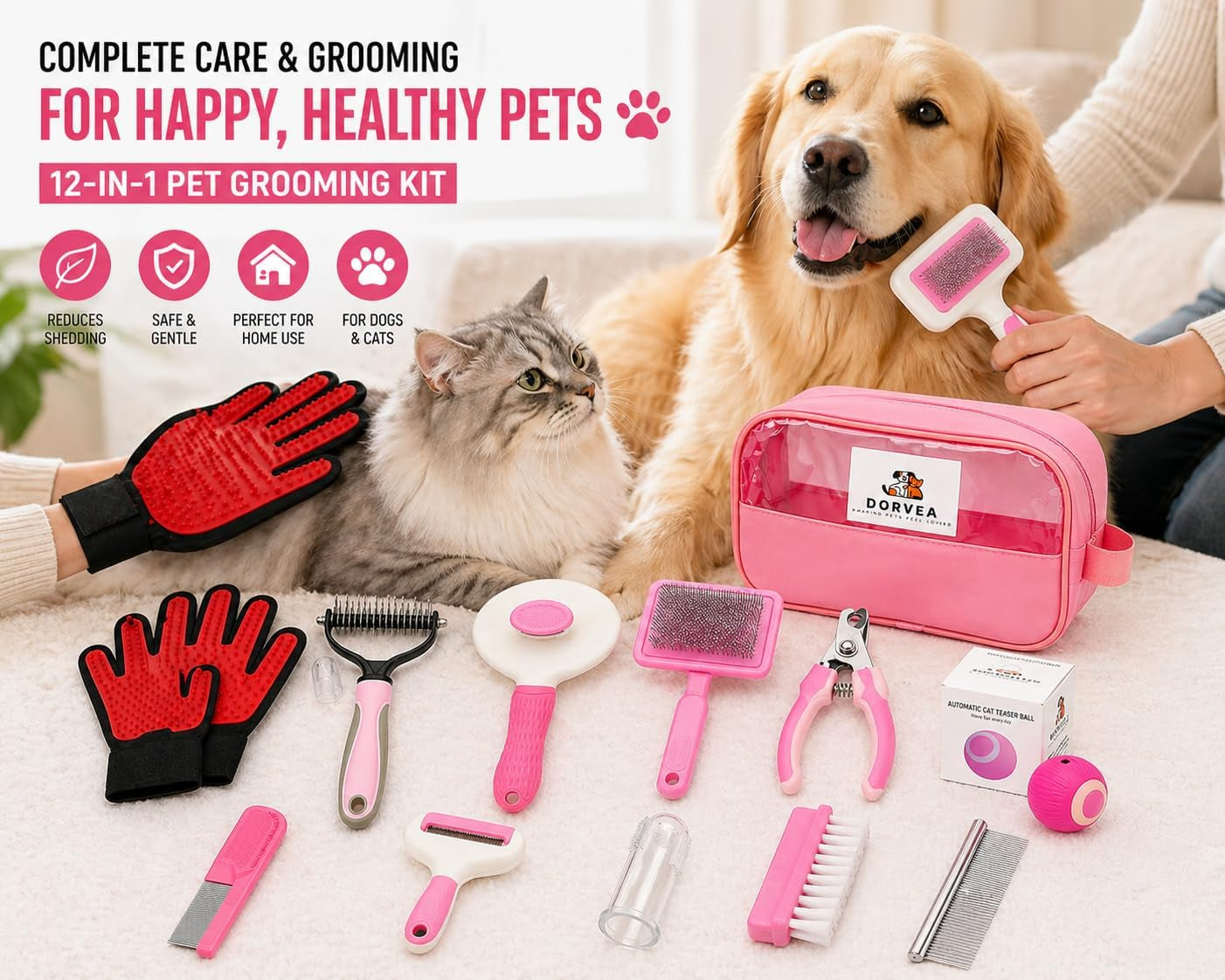 Pet Grooming Kit 12-In-1 for Dogs & Cats - Professional Deshedding Brush, Nail Clipper, Slicker Brush Flea Comb, Grooming Gloves, Cat Teaser Ball Set with Storage Bag