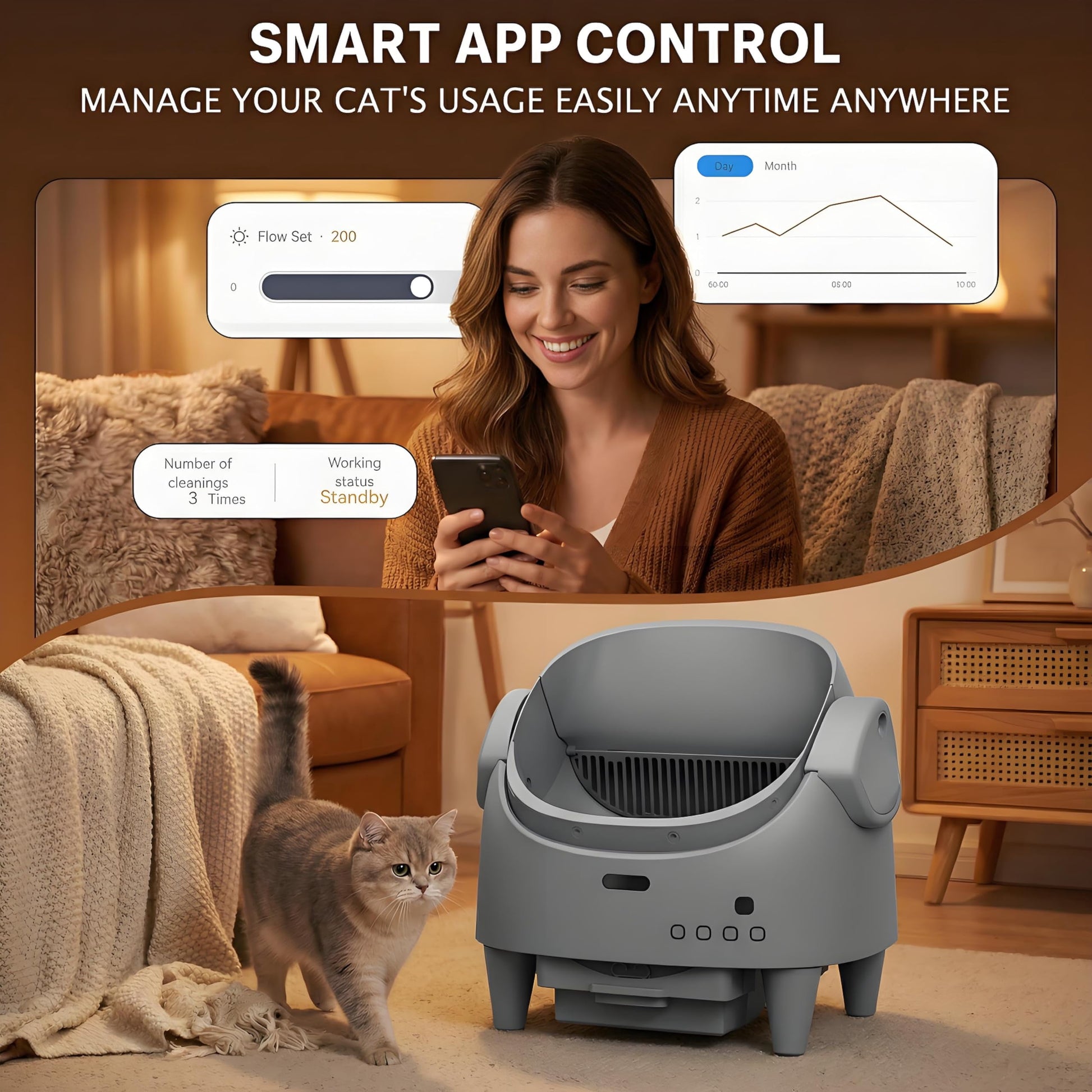 Automatic Self-Cleaning Cat Litter Box – Open Top, Multi-Cat App Control, Adjustable Entry Height, Advanced Multi-Detector Safety, Odor Control, Waste Bags Included
