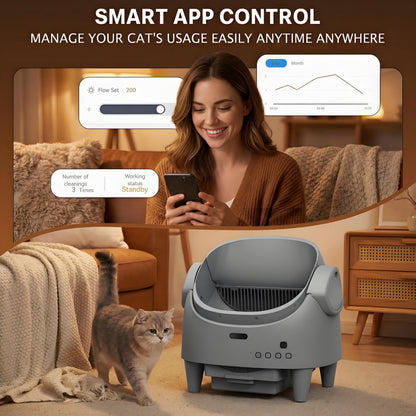 Automatic Self-Cleaning Cat Litter Box – Open Top, Multi-Cat App Control, Adjustable Entry Height, Advanced Multi-Detector Safety, Odor Control, Waste Bags Included