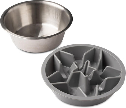 Slow Feeder Dog Bowls (2 Cup) Puzzle Dog Food Bowl - Fits into Elevated Pet Feeders - Slow Eating for Large, Medium & Small Sized Breeds - Gray