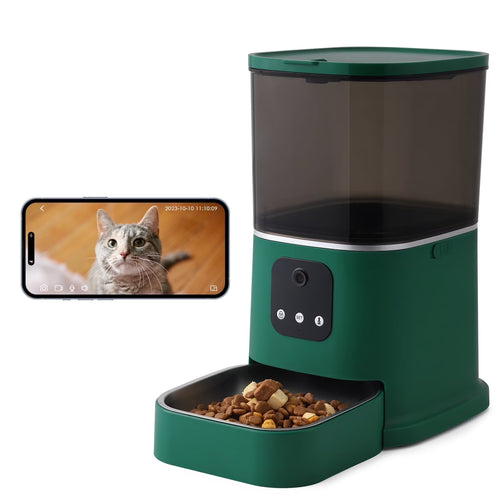 Automatic Pet Feeder with Camera, 2.4G Wifi APP Control, Timed Feeding, 6L Capacity for Cats and Dogs, Green