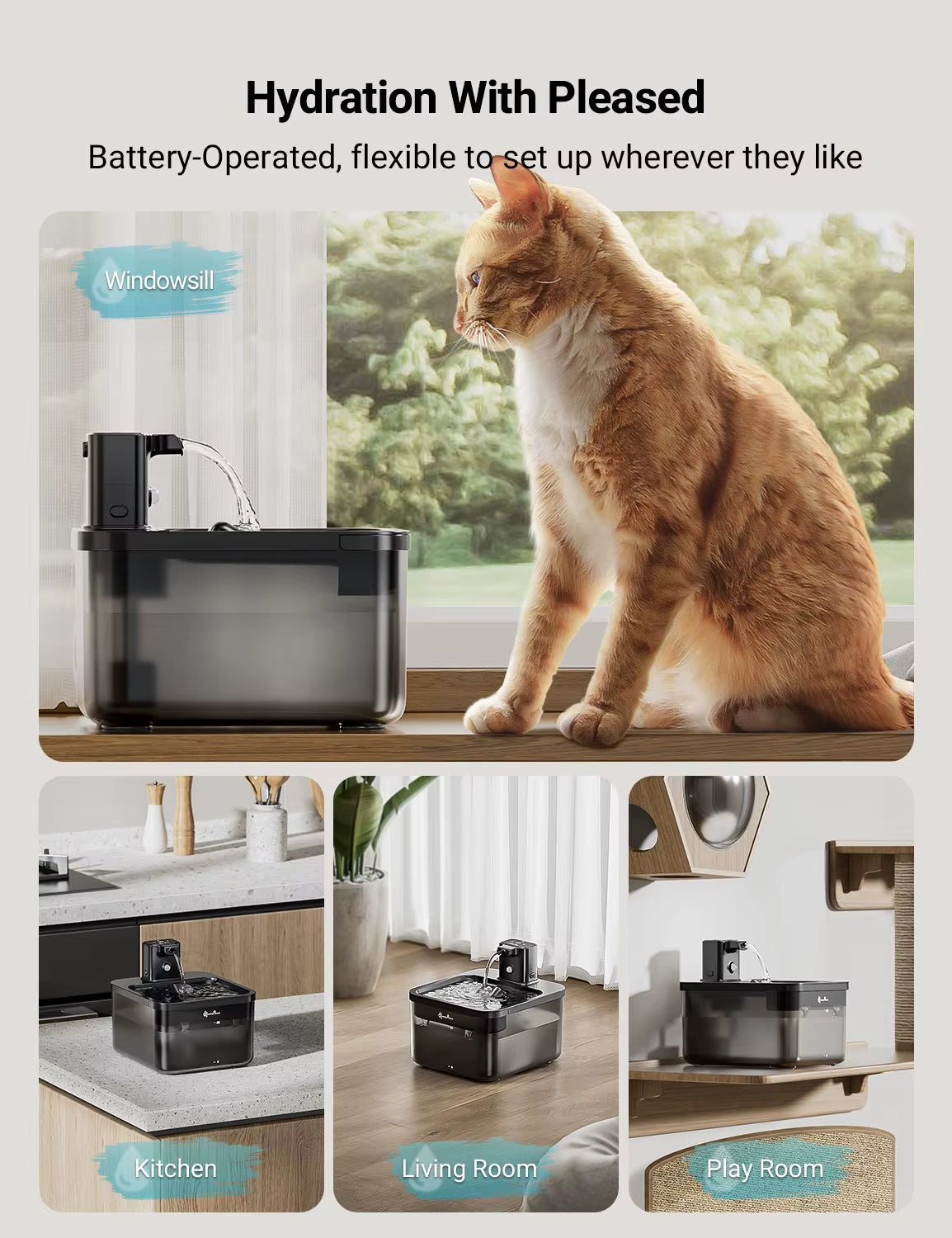 2.5L Wireless Cat Water Fountain Battery Operated Automatic Pet Water Fountain with Motion Sensor Dog Water Dispenser
