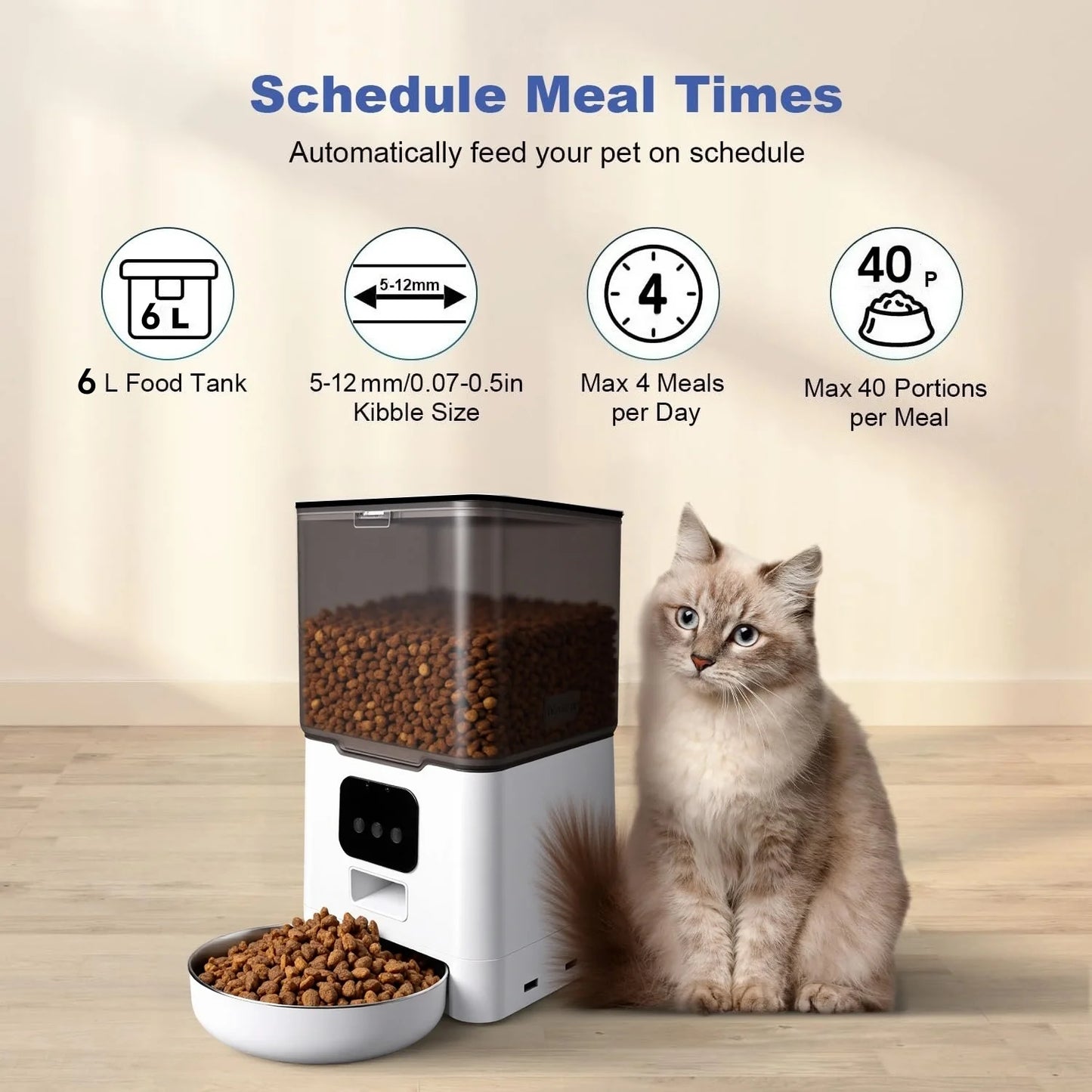 Automatic Cat Feeder 6L WIFI, 2.4G Wifi Timed Pet Feeder Cat Food Dispenser, 6L Automatic Cat Food Dispenser for Small Pets Indoor, White