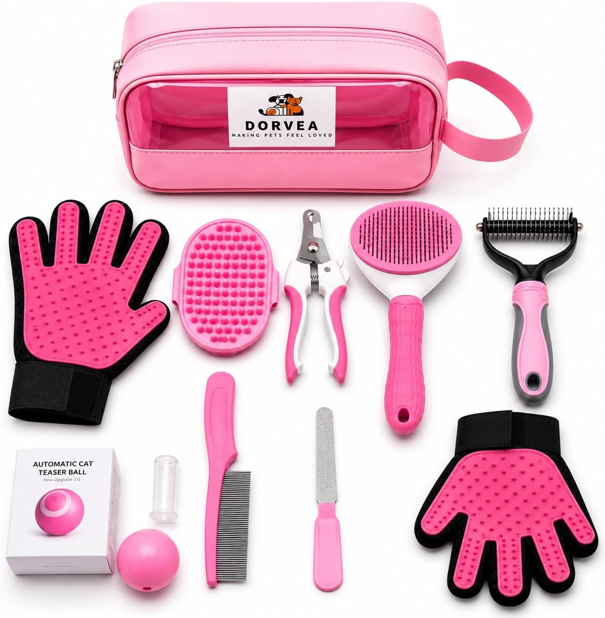 Pet Grooming Kit 12-In-1 for Dogs & Cats - Professional Deshedding Brush, Nail Clipper, Slicker Brush Flea Comb, Grooming Gloves, Cat Teaser Ball Set with Storage Bag
