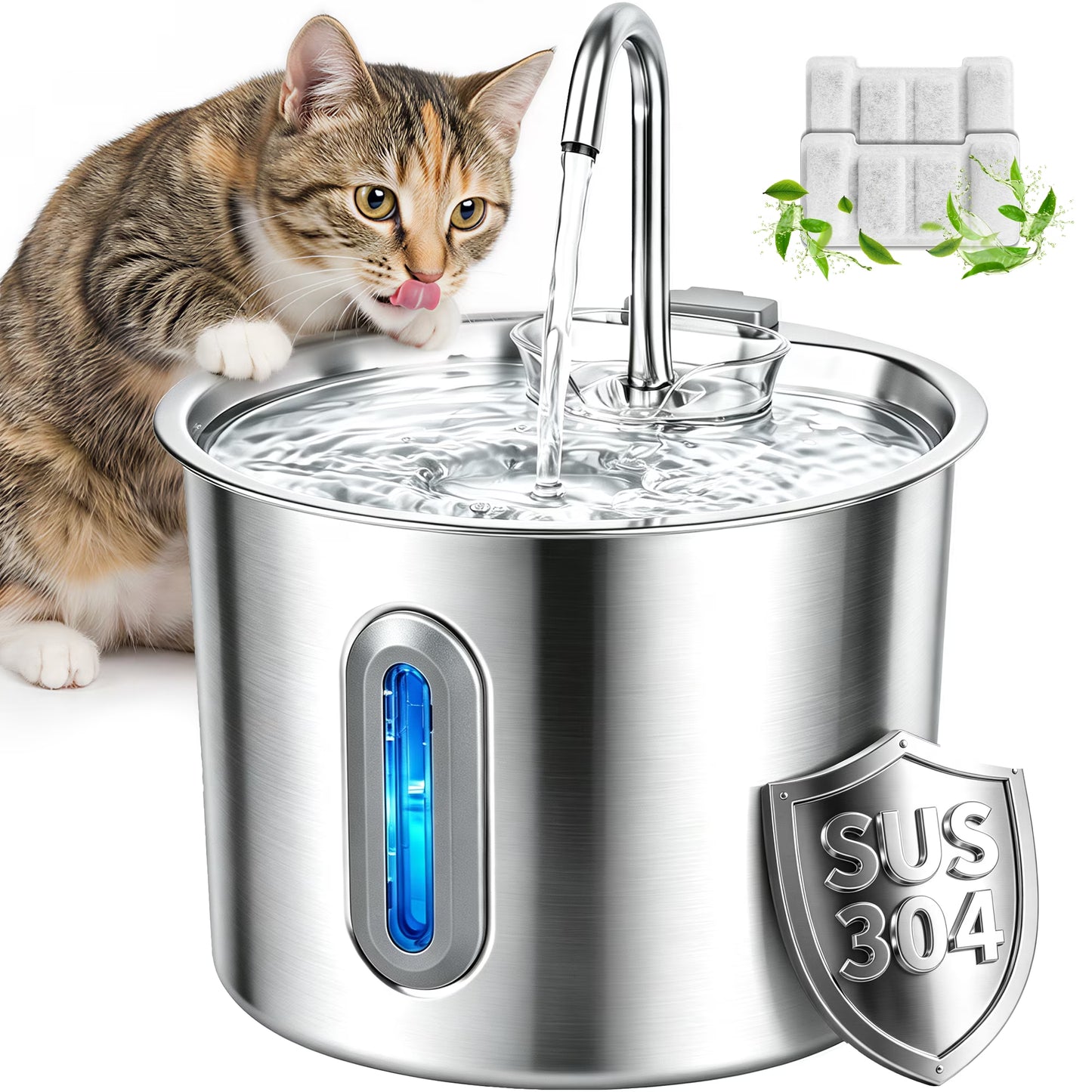 Cat Water Fountain Stainless Steel Automatic Pet Water Dispenser for Cats and Dogs with Replacement Filters, 2.2L