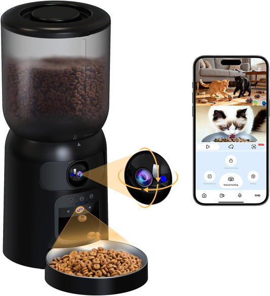 Automatic Cat Feeder with 2K Dual HD Cameras, 2.4/5G Wifi 6L Feeder, Pet Feeder Automatic for Cats & Dogs, Cat Food Dispenser with Cameras, Laser Interactive Toy & Night Vision(Black-Dual Cameras)