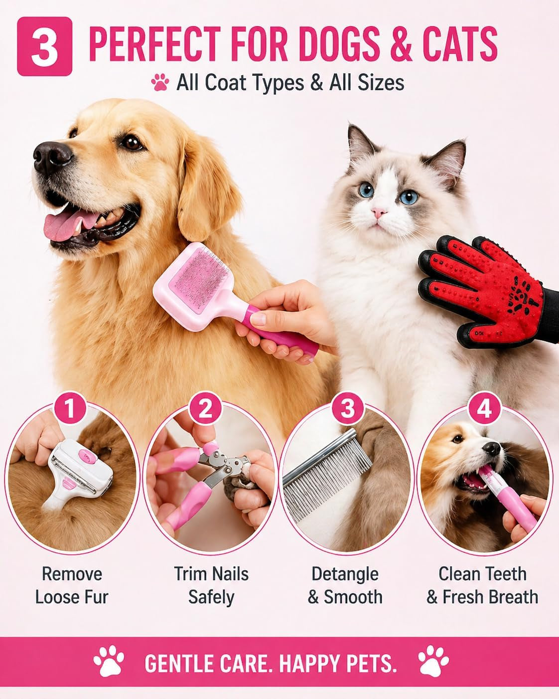 Pet Grooming Kit 12-In-1 for Dogs & Cats - Professional Deshedding Brush, Nail Clipper, Slicker Brush Flea Comb, Grooming Gloves, Cat Teaser Ball Set with Storage Bag