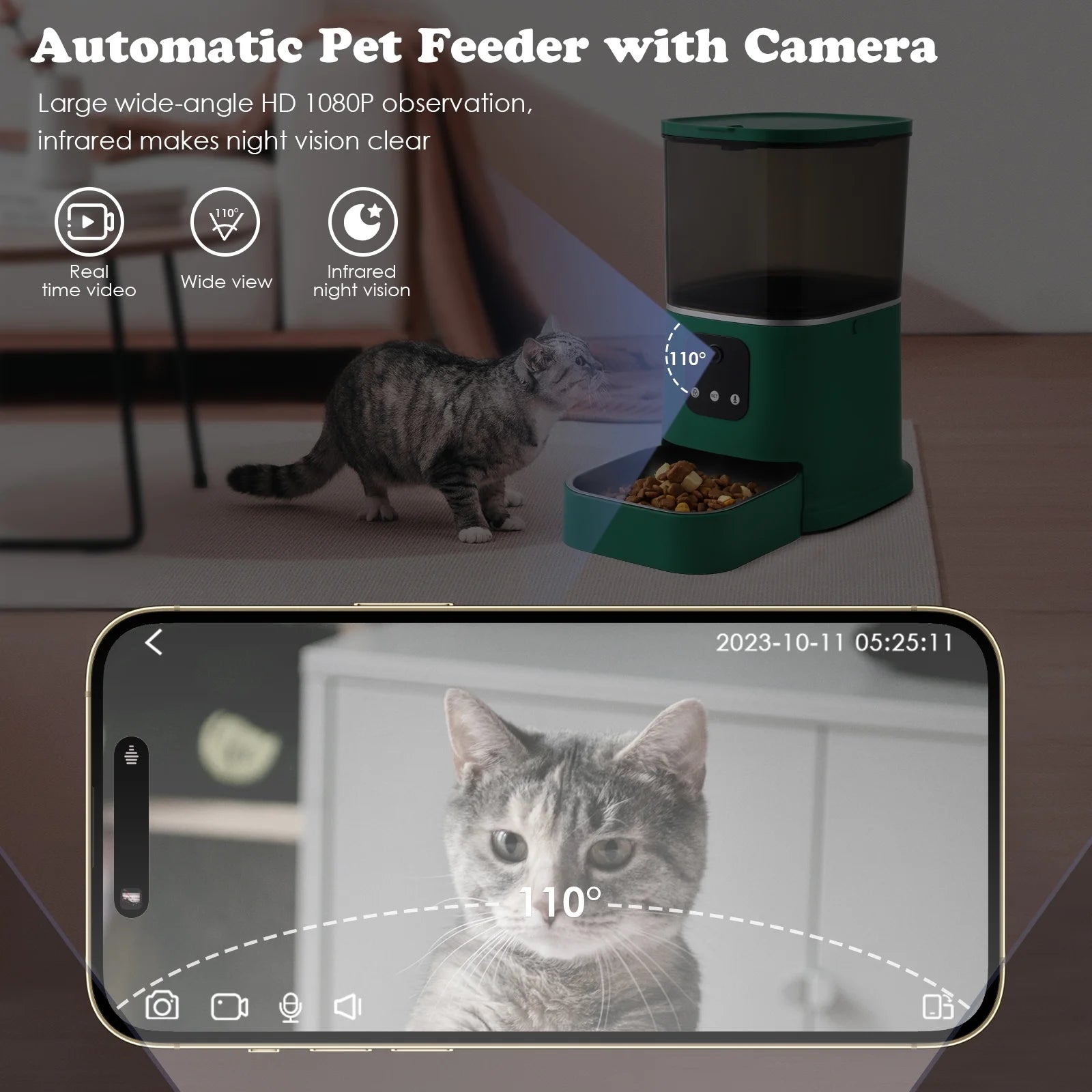 Automatic Pet Feeder with Camera, 2.4G Wifi APP Control, Timed Feeding, 6L Capacity for Cats and Dogs, Green