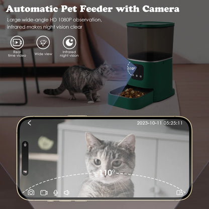 Automatic Pet Feeder with Camera, 2.4G Wifi APP Control, Timed Feeding, 6L Capacity for Cats and Dogs, Green