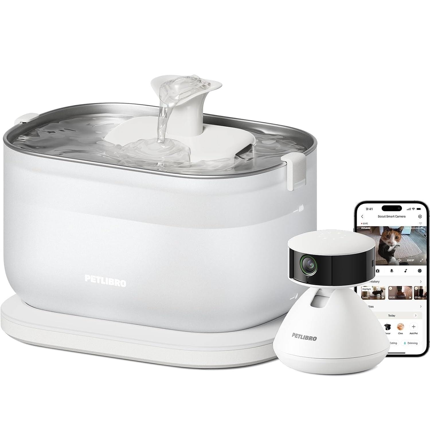 Bundle of  AI Pet Camera Indoor with Phone App, 360° View Dog Camera, 1080P Cat Cam Night Vision +  Cat Water Fountain, Wireless Pump Cat Fountain, 2.5L/84Oz Pet Water Fountain