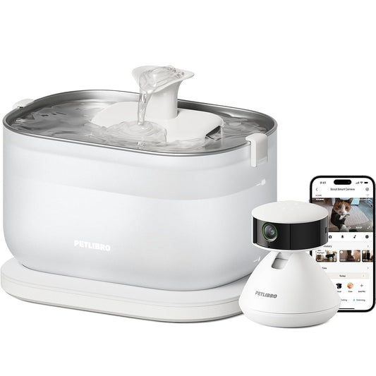 Bundle of  AI Pet Camera Indoor with Phone App, 360° View Dog Camera, 1080P Cat Cam Night Vision +  Cat Water Fountain, Wireless Pump Cat Fountain, 2.5L/84Oz Pet Water Fountain