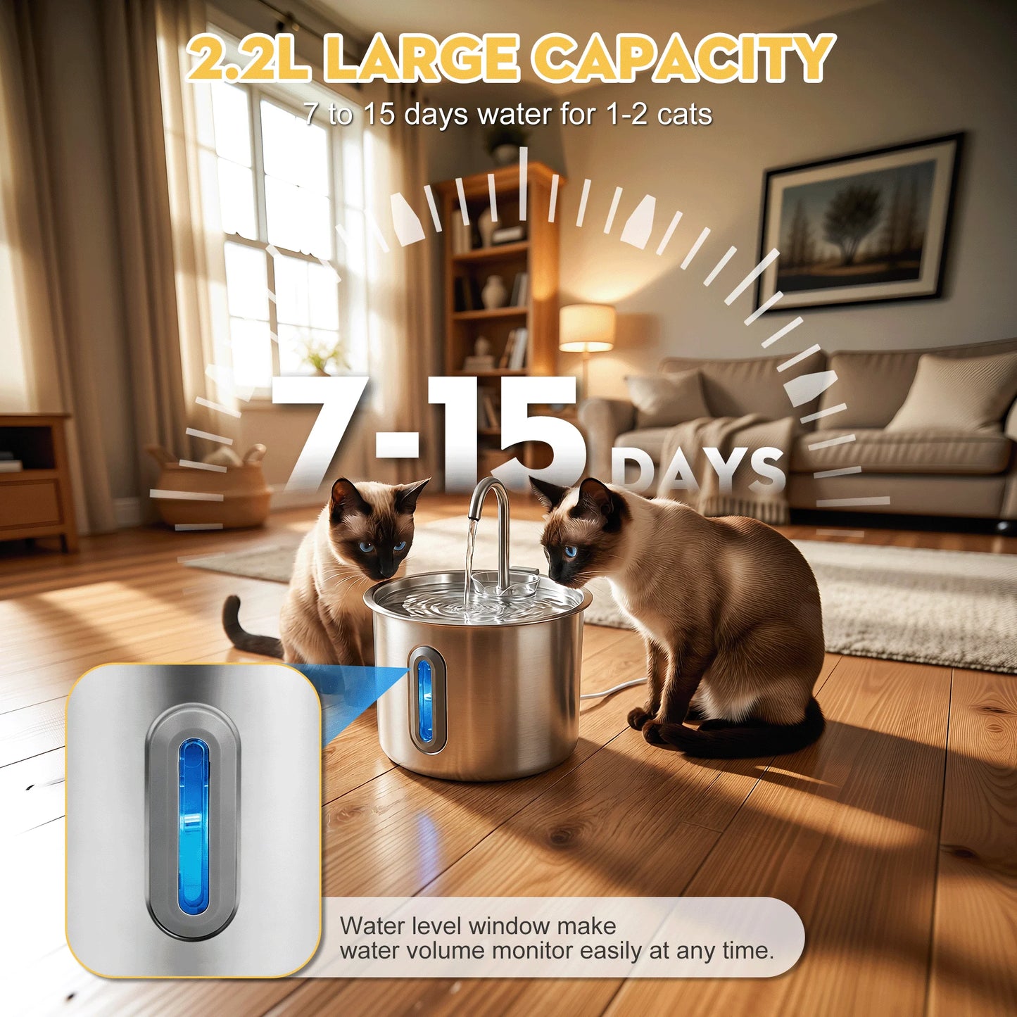 Cat Water Fountain Stainless Steel Automatic Pet Water Dispenser for Cats and Dogs with Replacement Filters, 2.2L