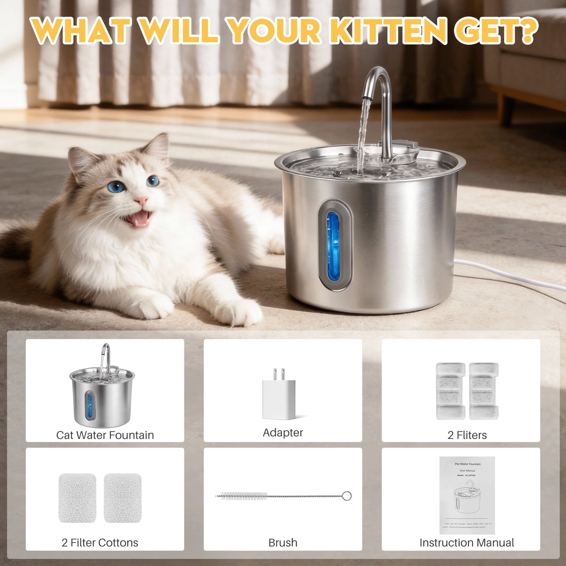 Cat Water Fountain Stainless Steel Automatic Pet Water Dispenser for Cats and Dogs with Replacement Filters, 2.2L