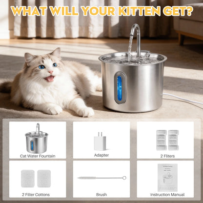 Cat Water Fountain Stainless Steel Automatic Pet Water Dispenser for Cats and Dogs with Replacement Filters, 2.2L
