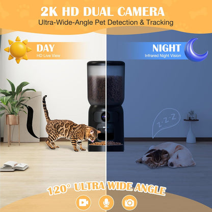 Automatic Cat Feeder with 2K Dual HD Cameras, 2.4/5G Wifi 6L Feeder, Pet Feeder Automatic for Cats & Dogs, Cat Food Dispenser with Cameras, Laser Interactive Toy & Night Vision(Black-Dual Cameras)