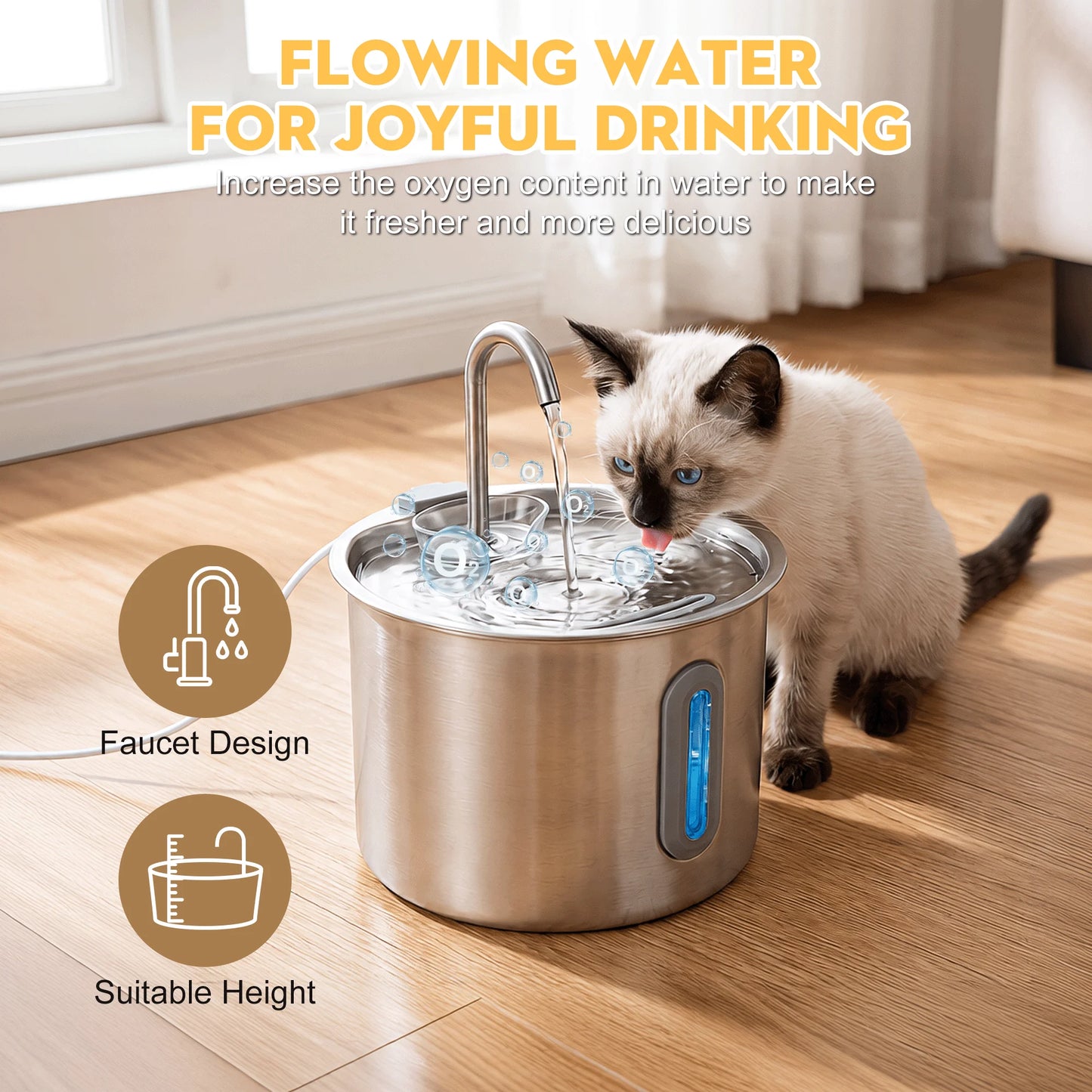 Cat Water Fountain Stainless Steel Automatic Pet Water Dispenser for Cats and Dogs with Replacement Filters, 2.2L