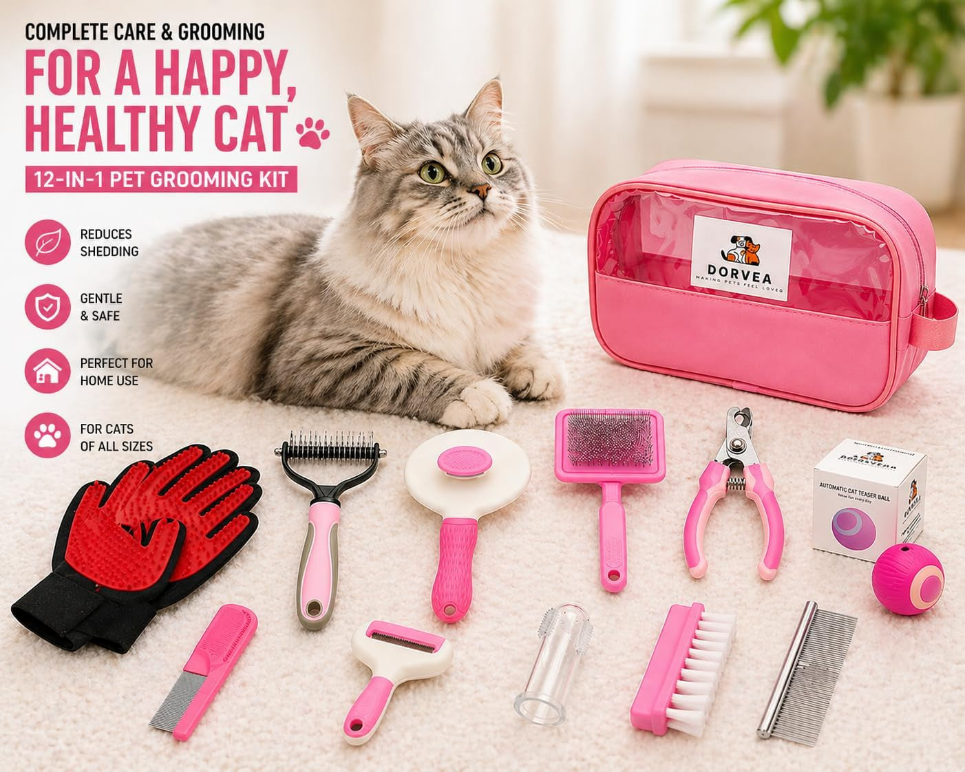 Pet Grooming Kit 12-In-1 for Dogs & Cats - Professional Deshedding Brush, Nail Clipper, Slicker Brush Flea Comb, Grooming Gloves, Cat Teaser Ball Set with Storage Bag