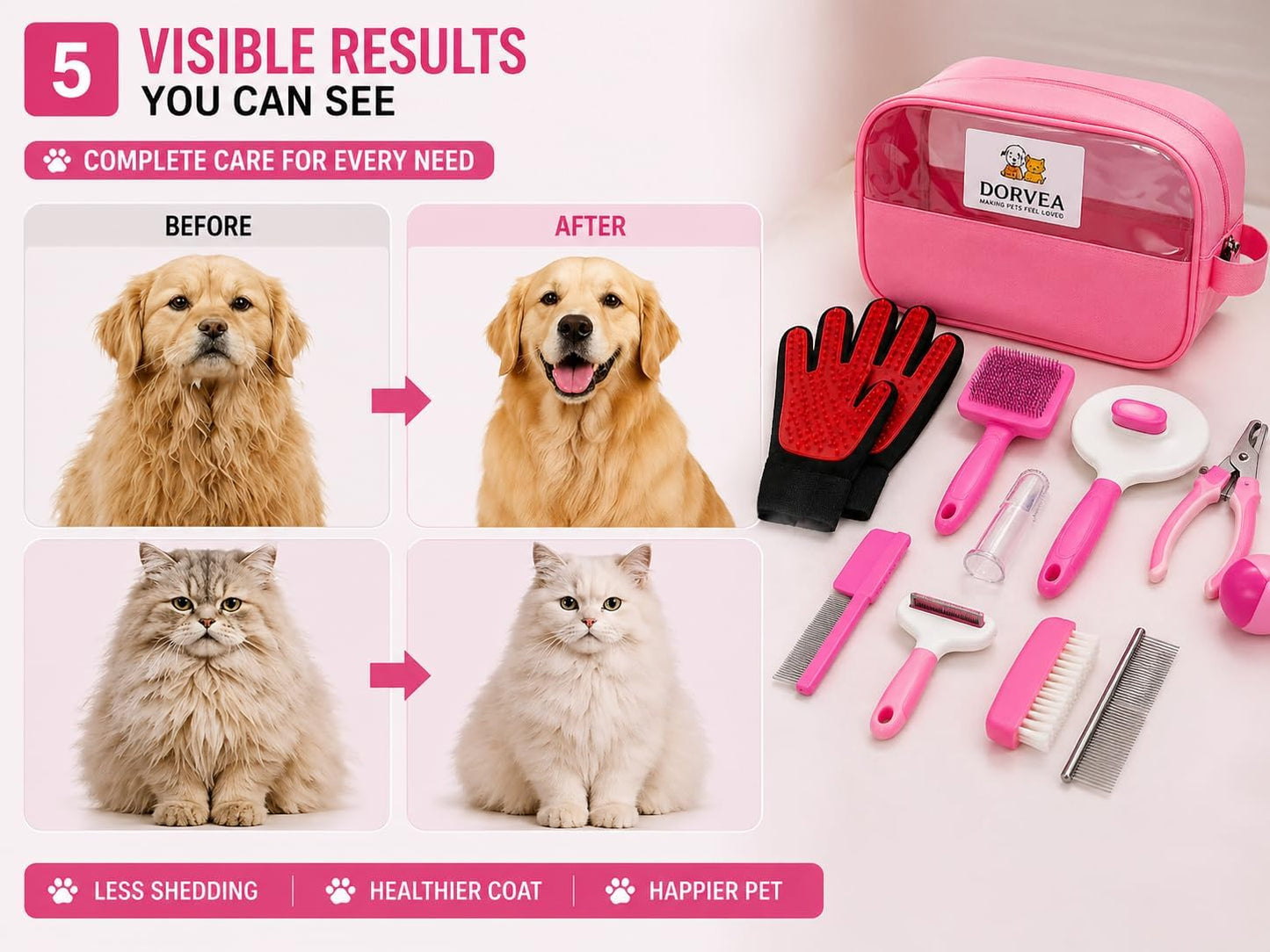 Pet Grooming Kit 12-In-1 for Dogs & Cats - Professional Deshedding Brush, Nail Clipper, Slicker Brush Flea Comb, Grooming Gloves, Cat Teaser Ball Set with Storage Bag