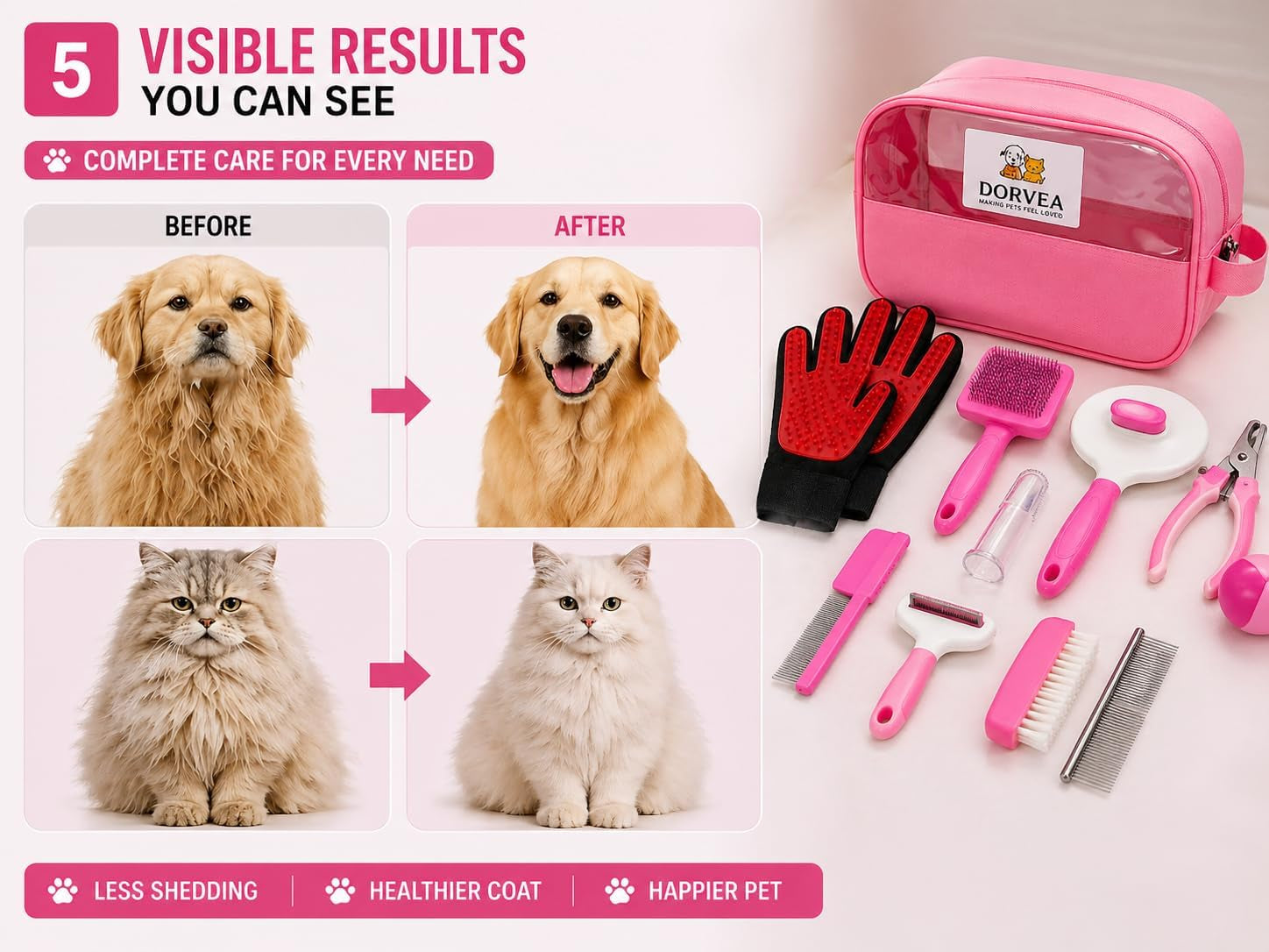 Pet Grooming Kit 12-In-1 for Dogs & Cats - Professional Deshedding Brush, Nail Clipper, Slicker Brush Flea Comb, Grooming Gloves, Cat Teaser Ball Set with Storage Bag