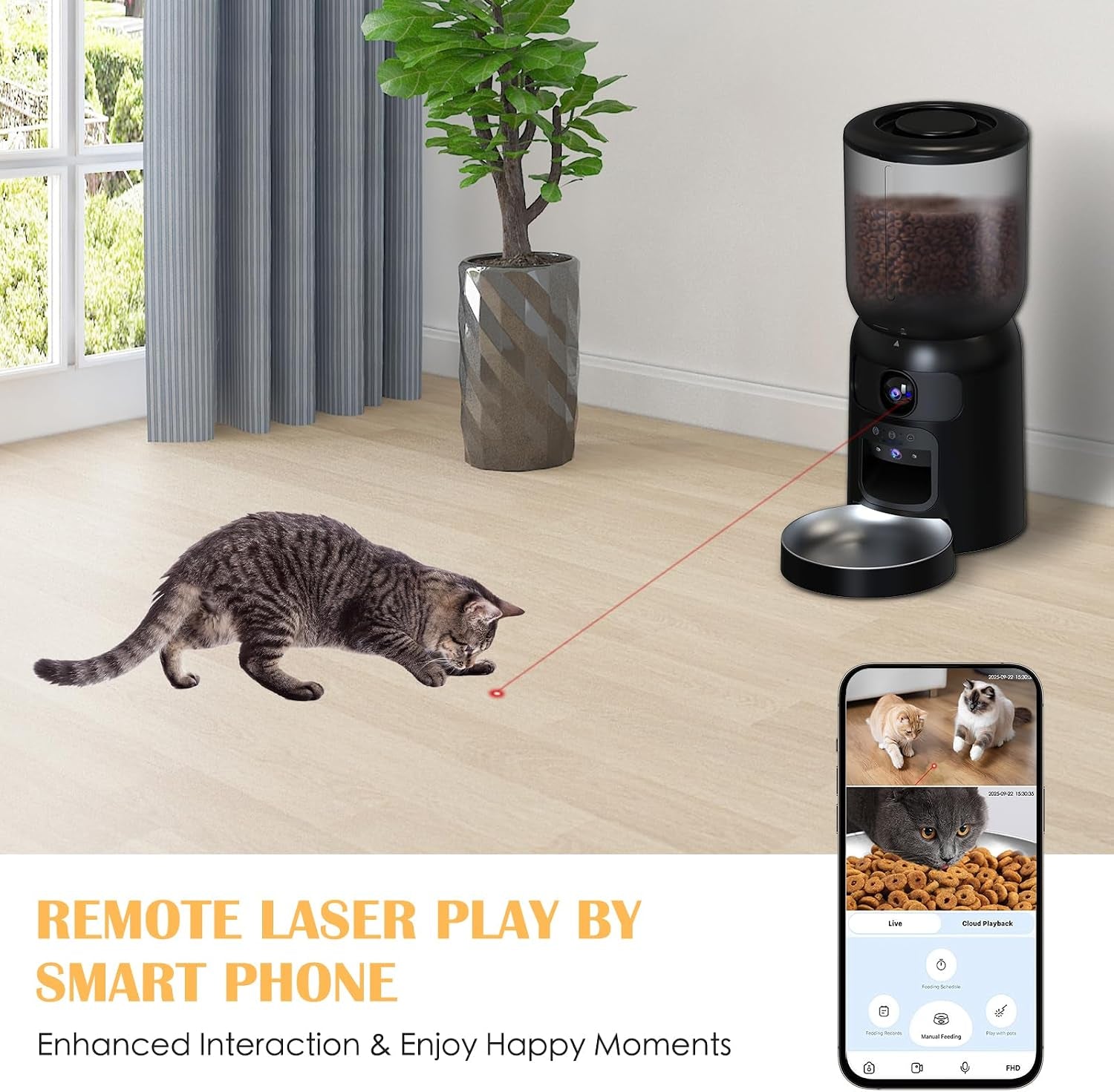 Automatic Cat Feeder with 2K Dual HD Cameras, 2.4/5G Wifi 6L Feeder, Pet Feeder Automatic for Cats & Dogs, Cat Food Dispenser with Cameras, Laser Interactive Toy & Night Vision(Black-Dual Cameras)
