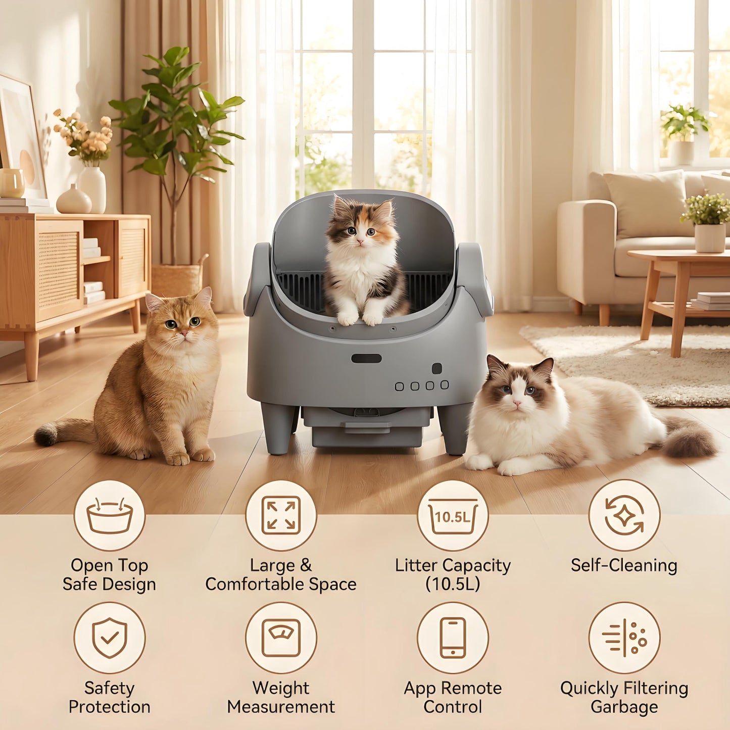 Automatic Self-Cleaning Cat Litter Box – Open Top, Multi-Cat App Control, Adjustable Entry Height, Advanced Multi-Detector Safety, Odor Control, Waste Bags Included