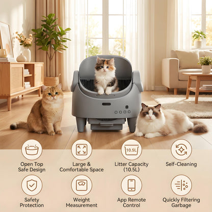 Automatic Self-Cleaning Cat Litter Box – Open Top, Multi-Cat App Control, Adjustable Entry Height, Advanced Multi-Detector Safety, Odor Control, Waste Bags Included