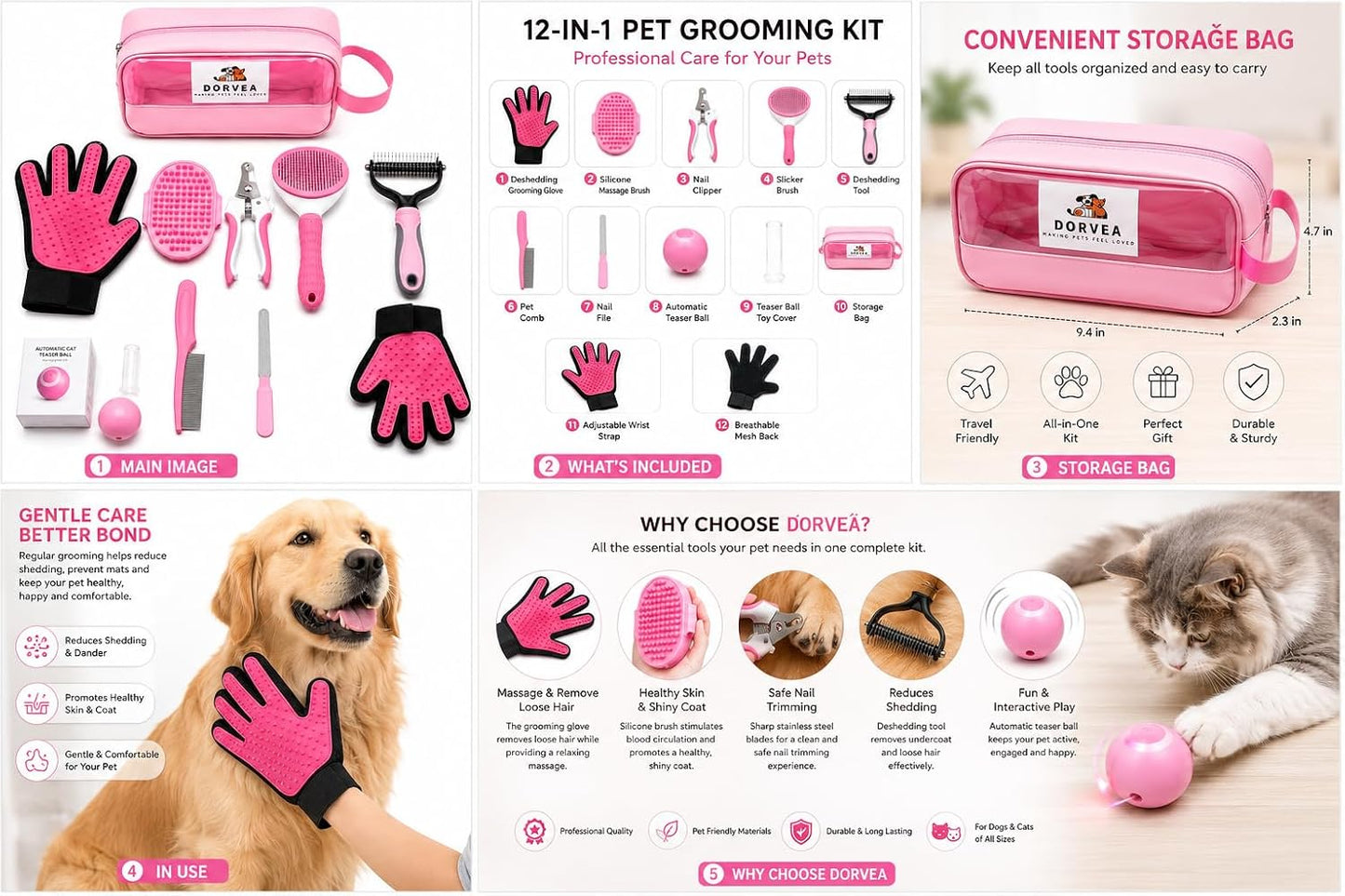 Pet Grooming Kit 12-In-1 for Dogs & Cats - Professional Deshedding Brush, Nail Clipper, Slicker Brush Flea Comb, Grooming Gloves, Cat Teaser Ball Set with Storage Bag