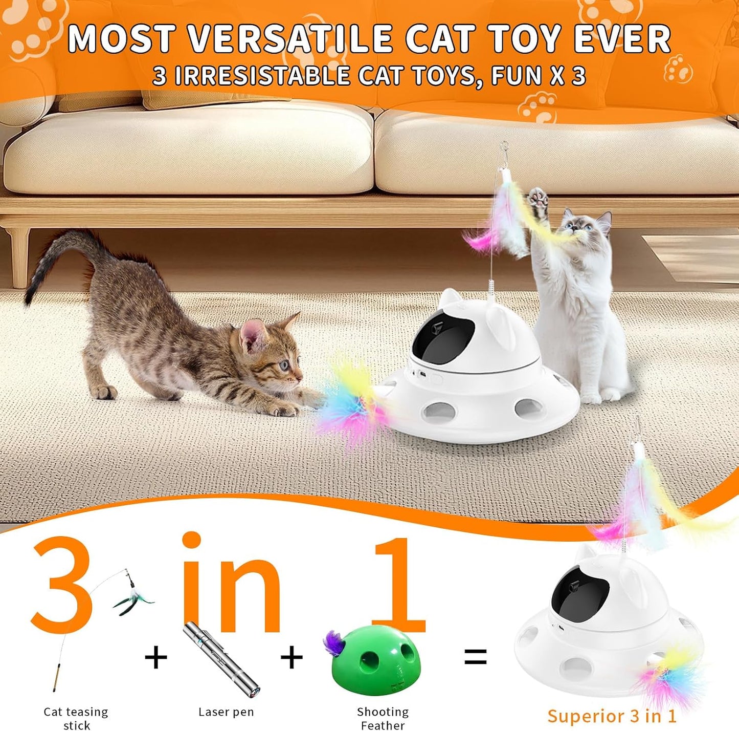 3-In-1Interactive AI Smart Play Cat Toy – Automatic Laser & Feather Toy for Indoor Cats, Keeps Cats Busy When Home Alone
