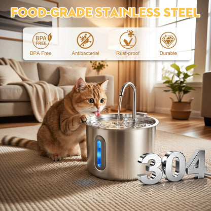 Cat Water Fountain Stainless Steel Automatic Pet Water Dispenser for Cats and Dogs with Replacement Filters, 2.2L